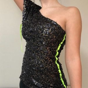 Party one shoulder top sequence with neon detail